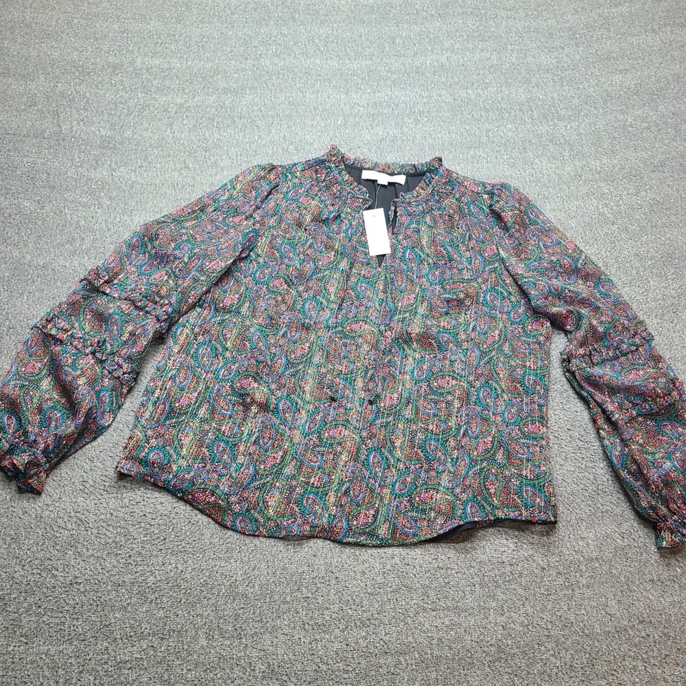 Loft Blouse Women Small Petite Multi-Color New Paisley Metallic Ruffle Top